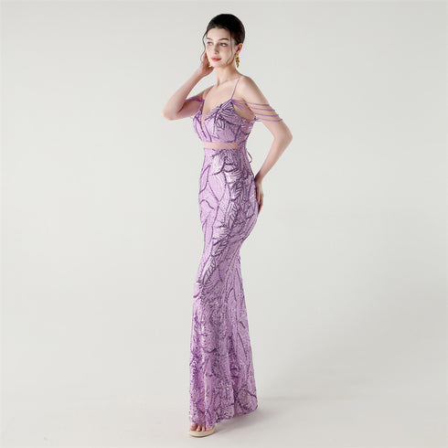 Graceful Sequin Embellished Mesh Mermaid Maxi Dress